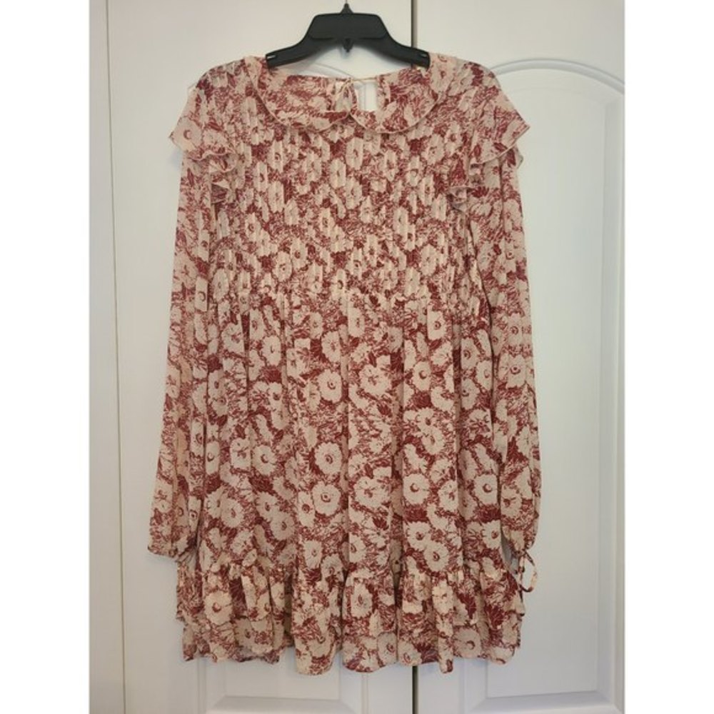 FP Free People Boho Long Sleeve Sheer Mini Dress Floral Print